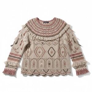 Peruvian Connection Sweater XL Beige Pink Baby Alpaca Fringe Boho Folk‎